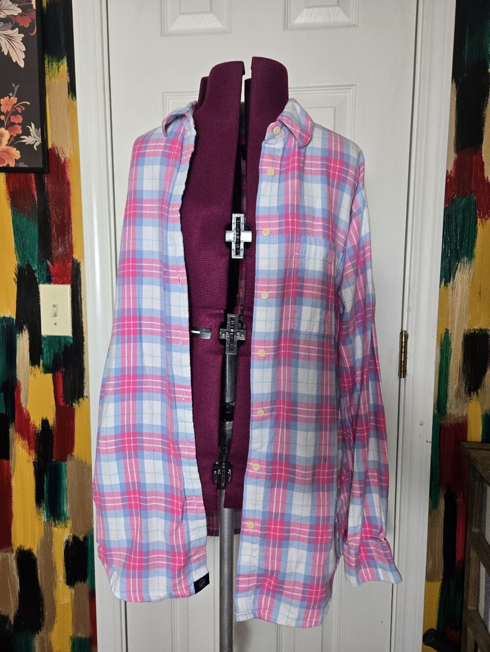 Lauren James Medium Pink Blue Cotton Flannel Button Down - Picture 2 of 10